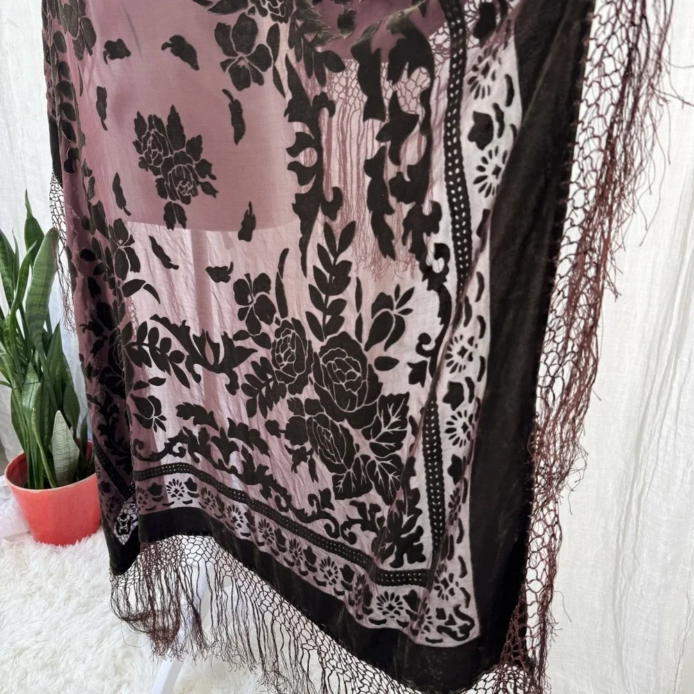 Chocolate Brown Piano Shawl Wrap Silk Velvet Burnout Fringe Whimsigoth Victorian